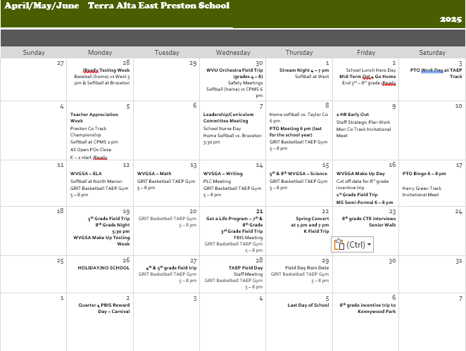 End of year calendar for TAEP