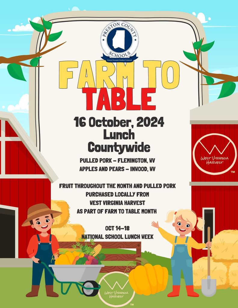 Picture of two farmers, one with a wheel barrell and other with a shovel in front of their crops with the word farm to table bolded above
