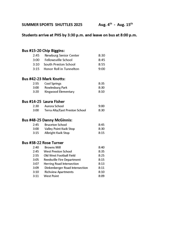Summer bus schedule