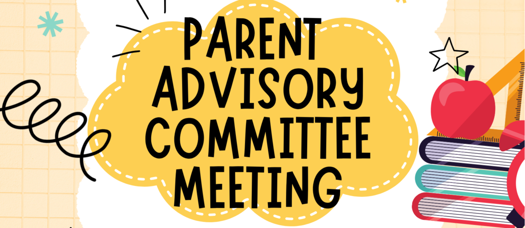parent advisory meeting notice with books stacked and a red apple on top