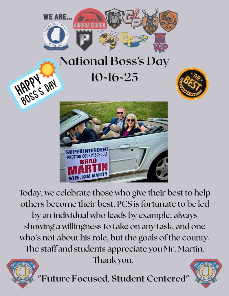 boss's day flyer with a picture of a man, the superintendent of preston county schools in a suit and his wife in a convertible