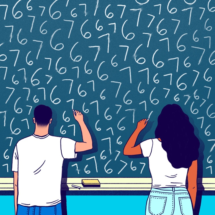 students writing 6-7 on the chalkboard 