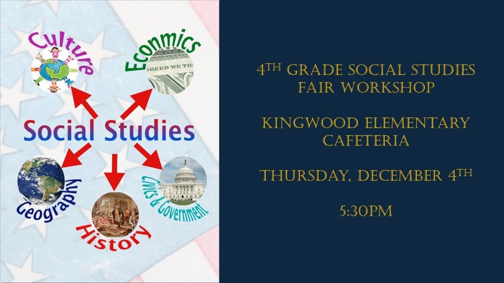 Social Studies Fair workshop for 4th graders at KES will be held at 5:30 in the cafeteria on 12/4