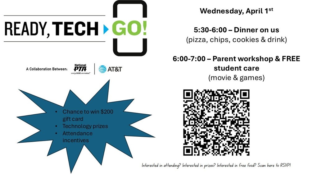 Join KES PTA on Wednesday, April 1st, for Ready, Tech, Go! We'll provide dinner and childcare while guardians learn more about their child's tech readiness!