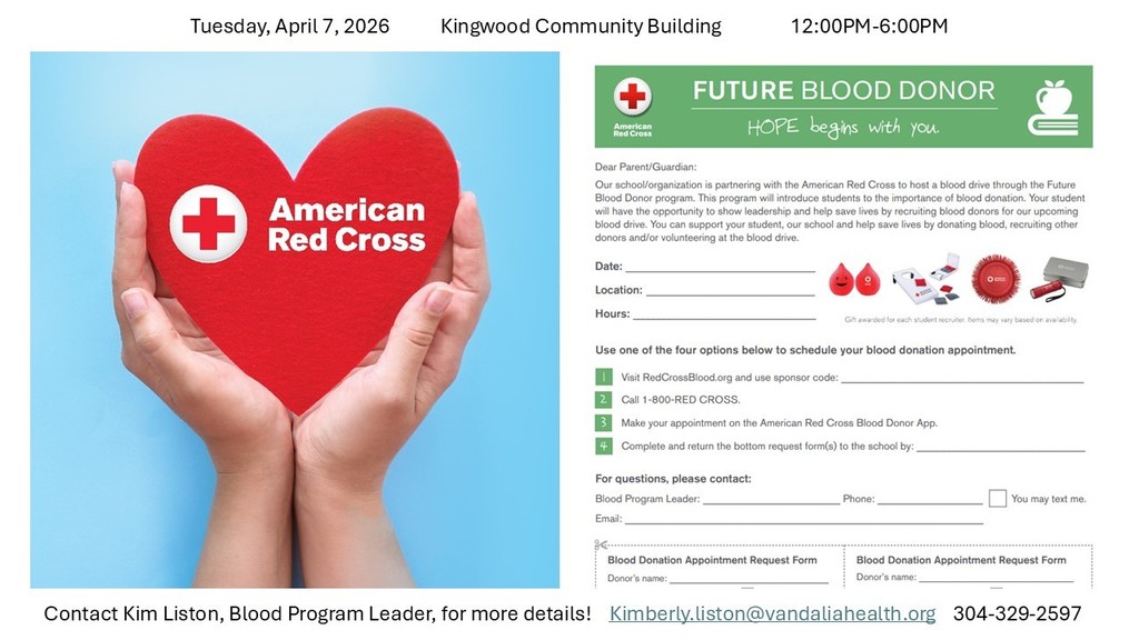 Help give back to others this spring during Kingwood Elementary's partnered blood drive with Preston Memorial Hospital and the American Red Cross on Tuesday, April 7, at the Kingwood Community Building!