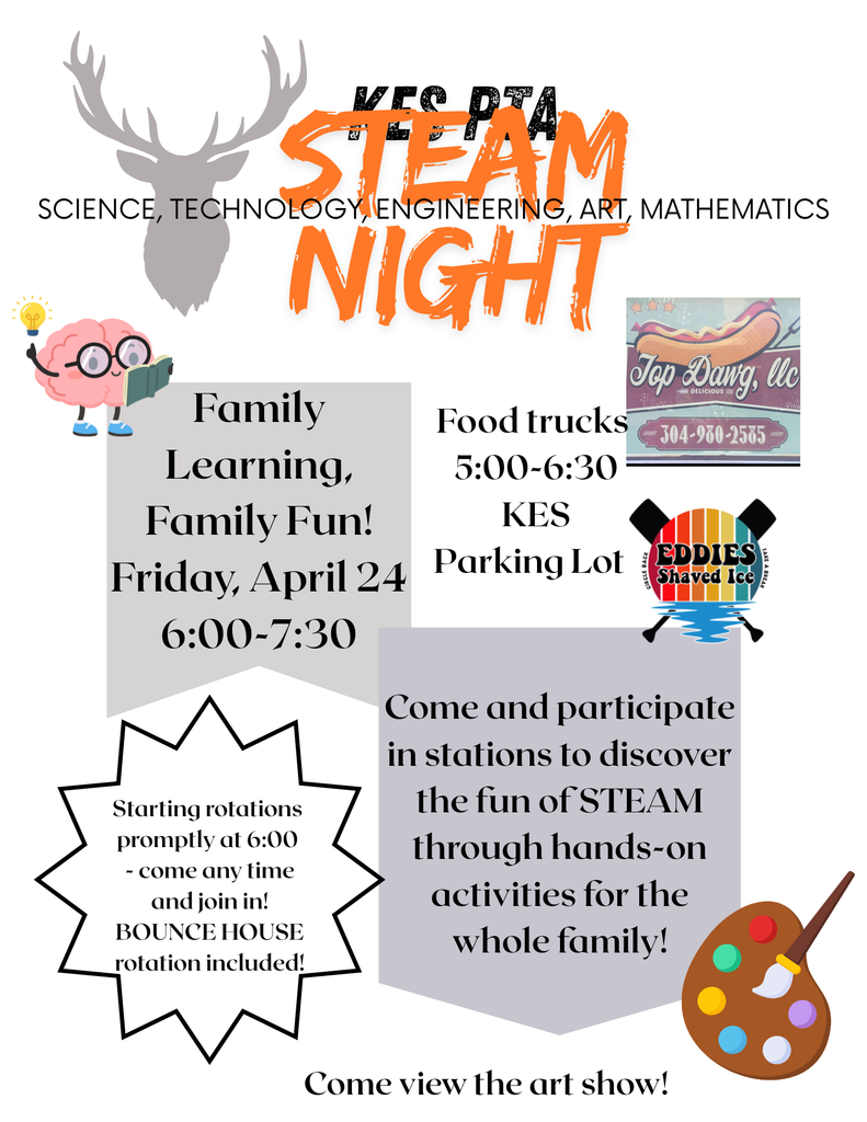 KES PTA will be sponsoring a family STEAM Night on Friday, April 24, from 6:00-7:30PM! Come hungry! Food trucks available from 5:00-6:30PM in the KES parking lot!