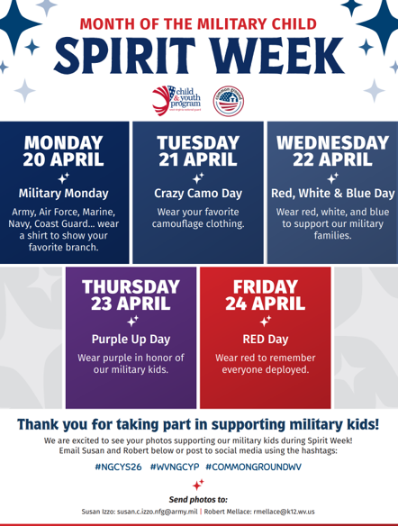 Month of the Military Child Spirit Week is April 20-24, 2026!