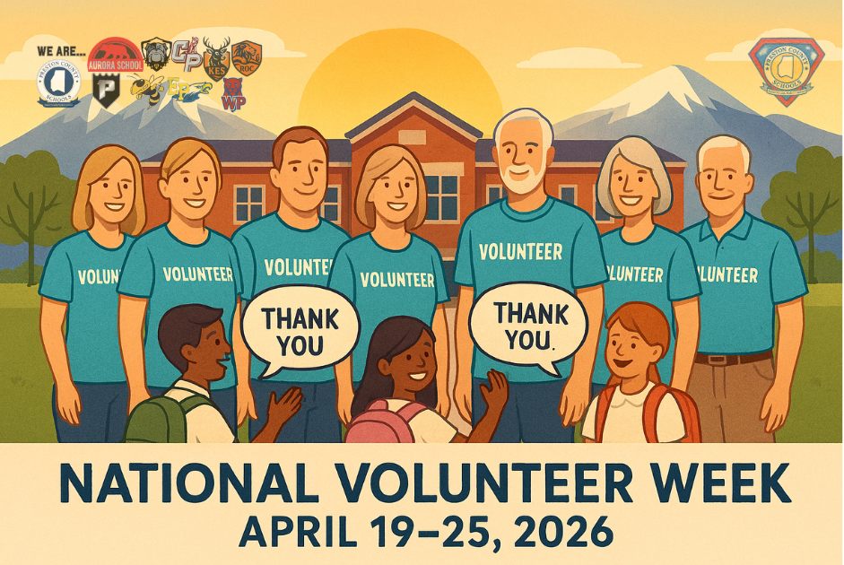 volunteer week appreciation post with multiple men and women of various ages in blue volunteer tshirts being thanked by children in front of a school