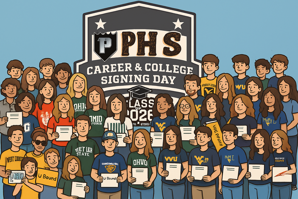 students pose for college signing day