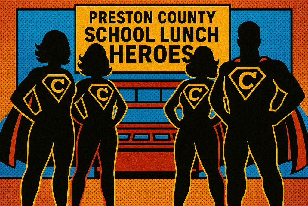 school lunch heroes image with a silhouette of super heroes standing in front of a cafeteria serving line