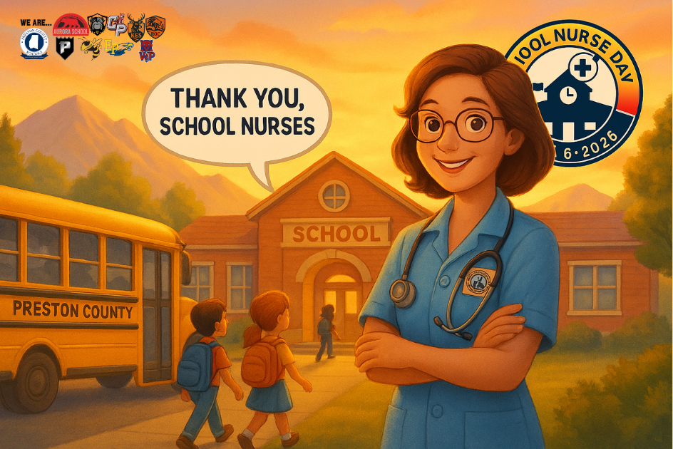 school nurse standing in front of a school with students saying thank you school nurses