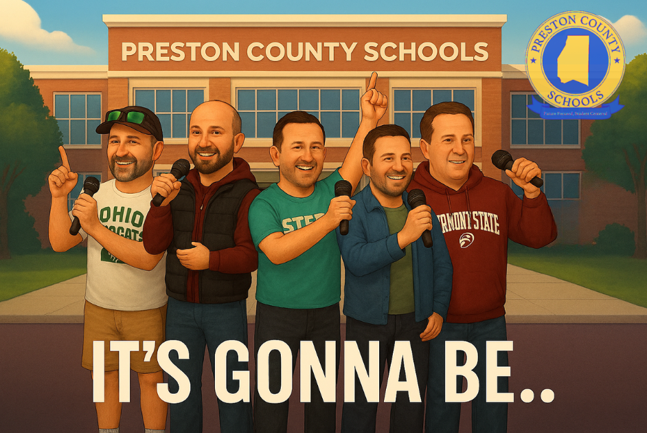 5 animated men who look like they're in a boy band in front of a school