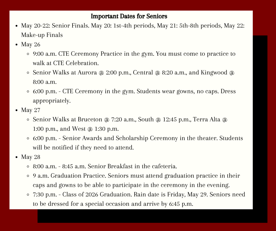 Dates and times of senior events