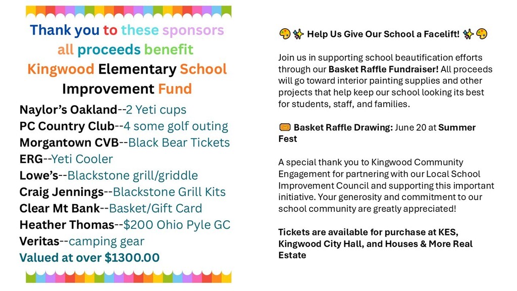 Summer Fest Raffle Tickets are available for sale at KES!
