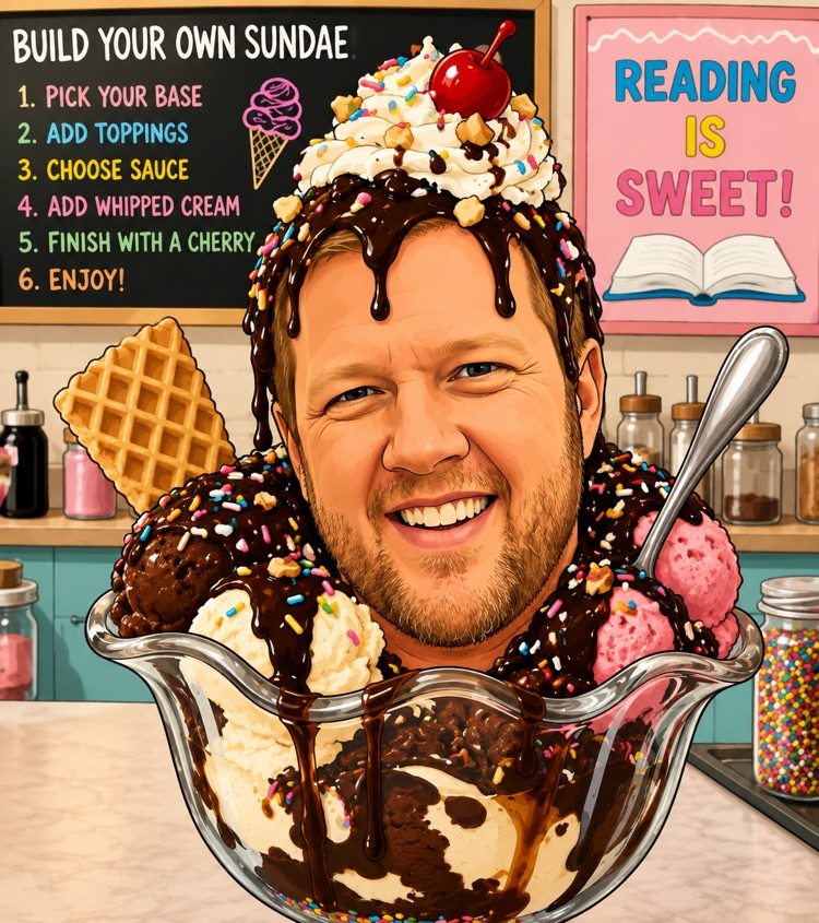 an ice cream sundae with a man’s face in it 