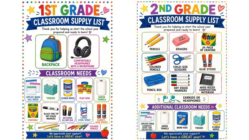 The following are suggested individual and classroom supplies for 1st and 2nd grade students. 