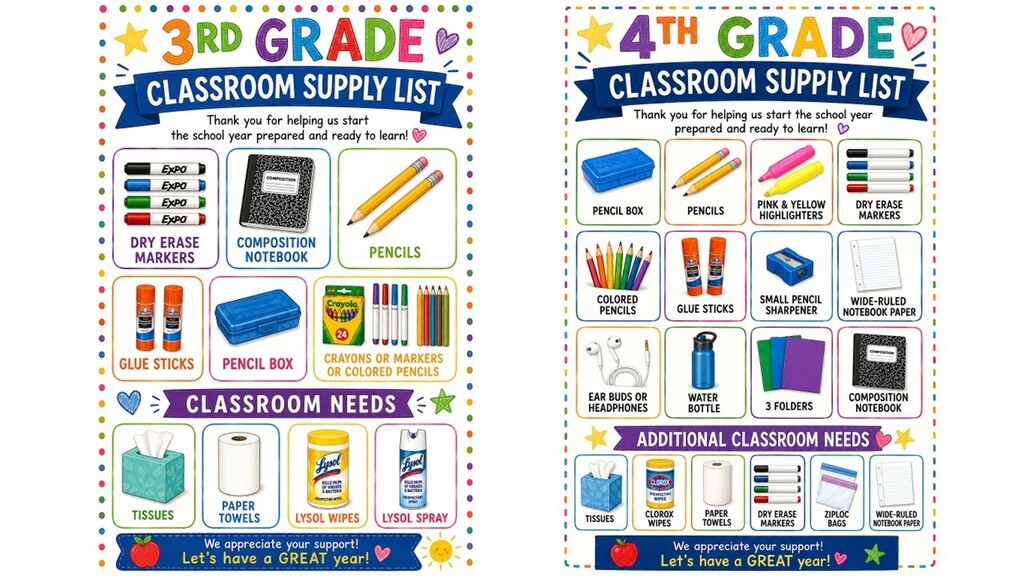 The following are suggested individual and classroom supplies for 3rd and 4th grade students. 