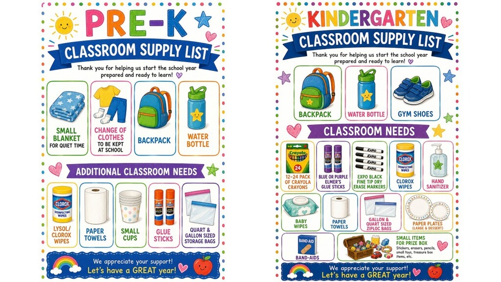 The following are suggested individual and classroom supplies for PreK and kindergarten students. 