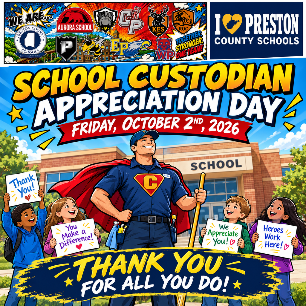 cartoon image of a custodian as a superhero holding a broom with children around him saying thank you