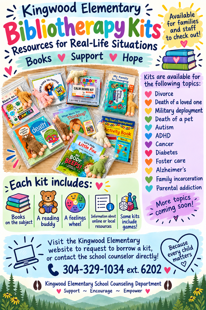 KES Bibliotherapy Kits are now available! These are resources that can be checked out to provide support to students, families, and staff who are navigating a variety of real-life situations. Contact our school counselor, Mrs. Pell, to learn more!