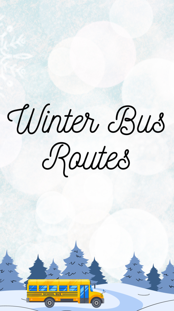 Graphic of a bus driving in the snow highlighting the winter bus route information that is posted under transportation.