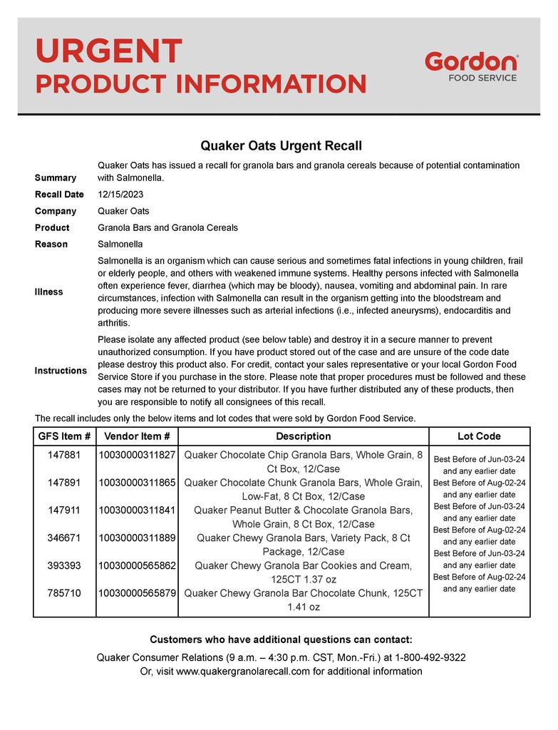 Product Notice- Gordon Food Service