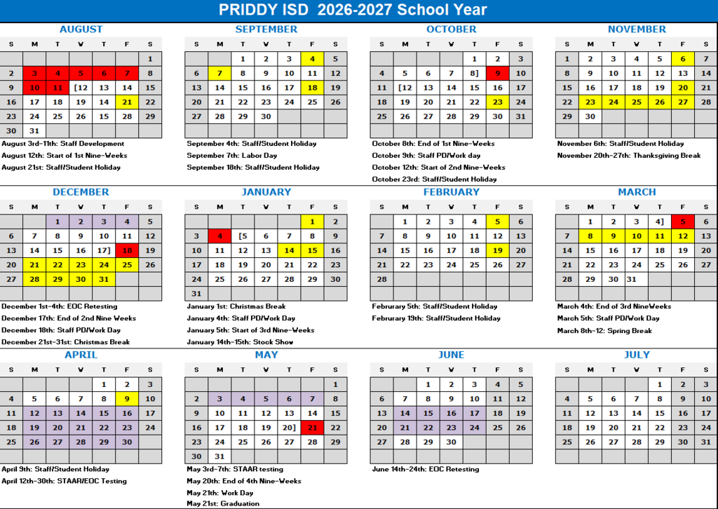 PRIDDY ISD 2026-2027 School Year