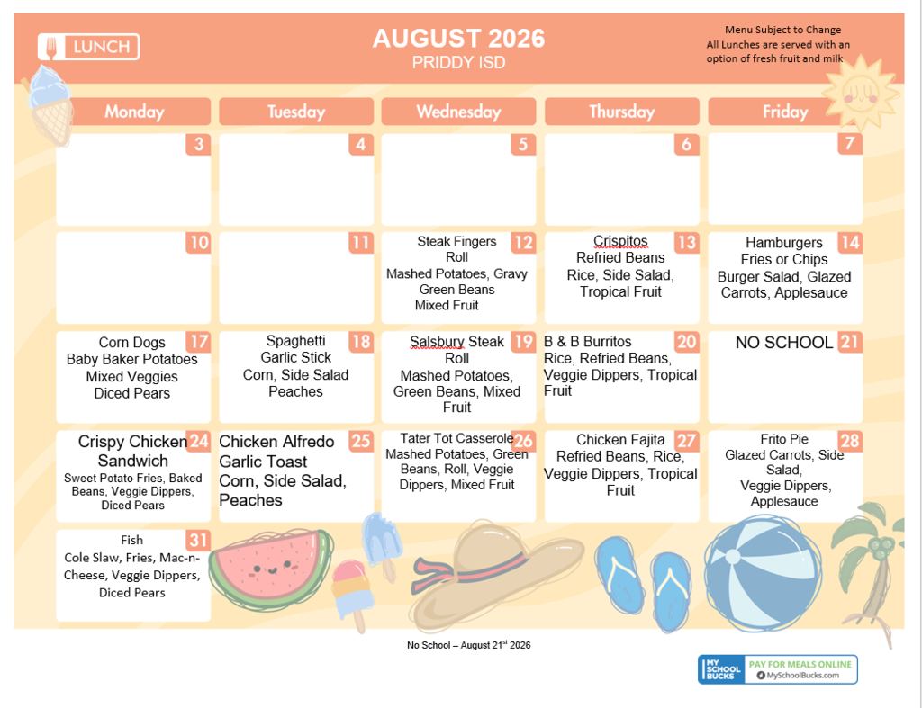 August Lunch Menu
