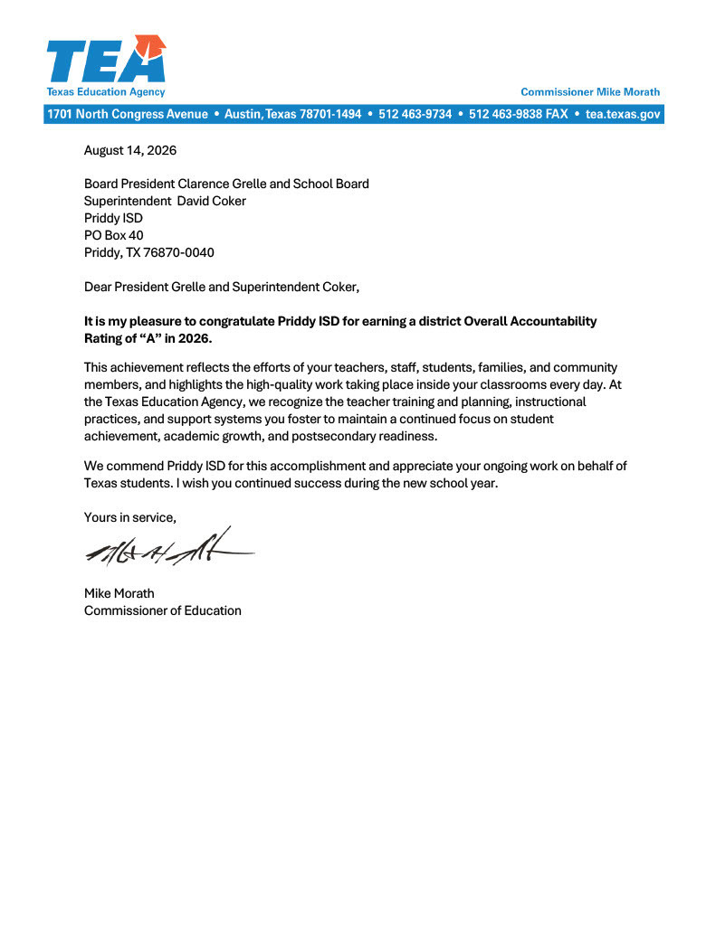Letter from Commissioner Morath