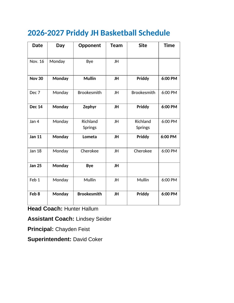 JH Basketball Schedule