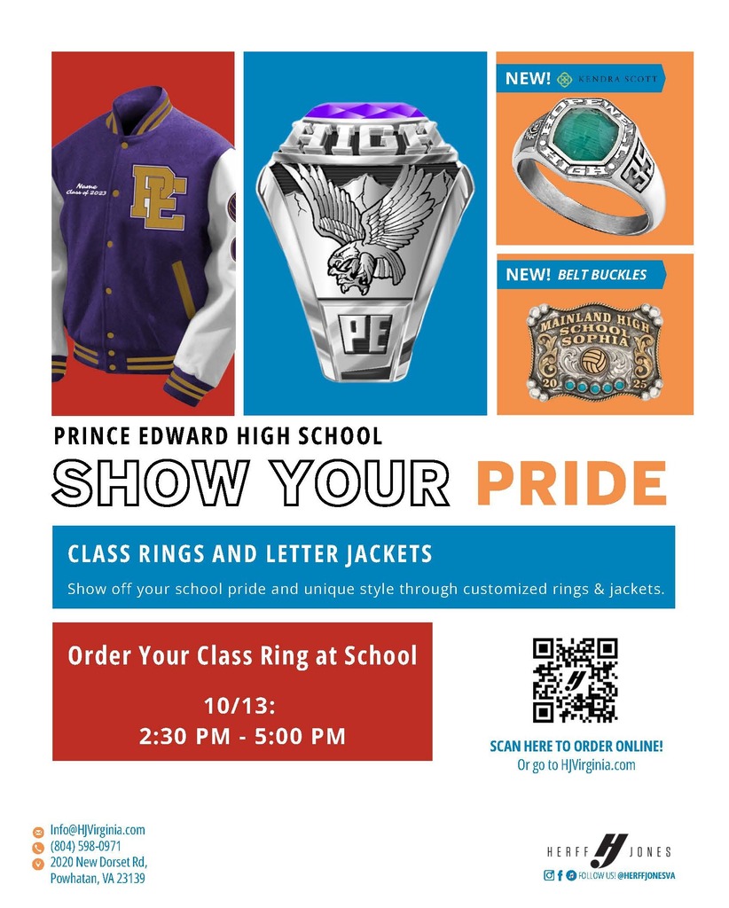 Flyer for class rings, order in person on 10/13 2:30 pm-5:00 pm, includes QR code and examples 