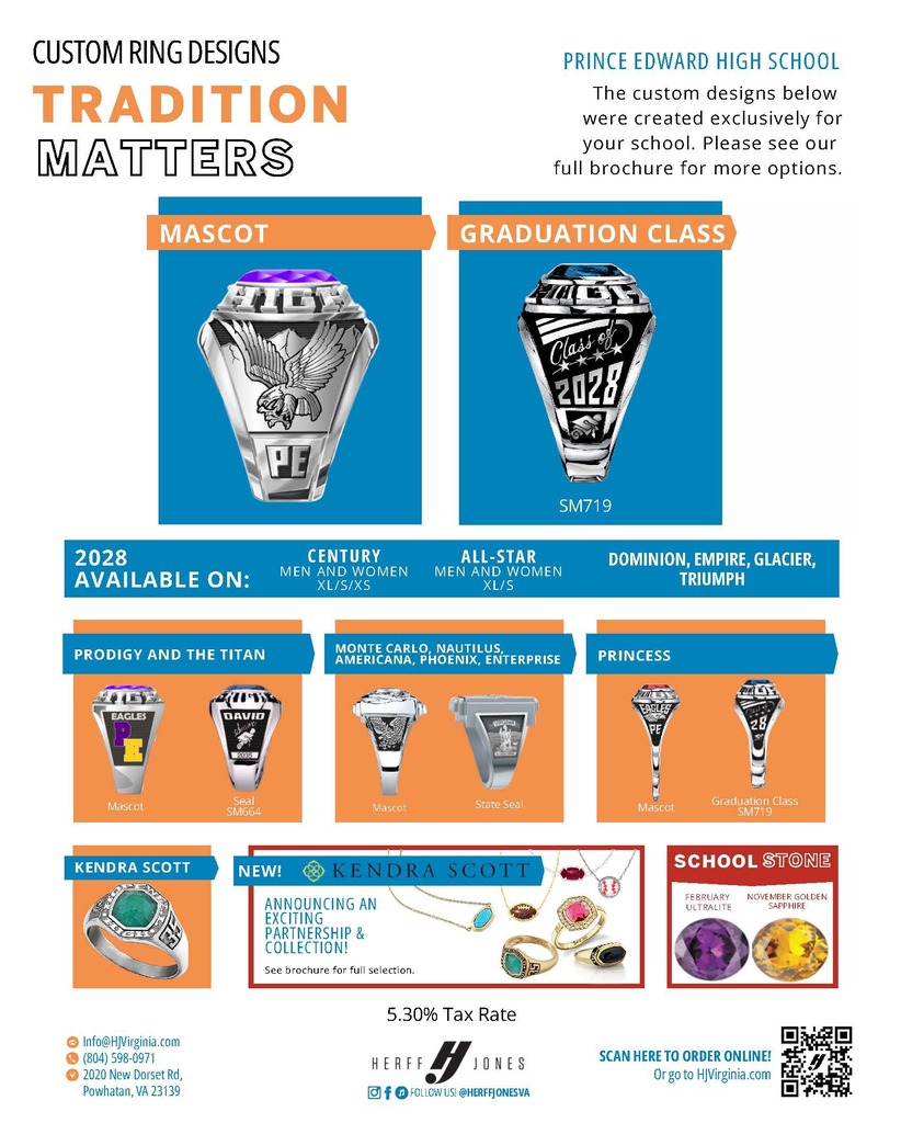 Flyer for class rings, includes QR code and examples 