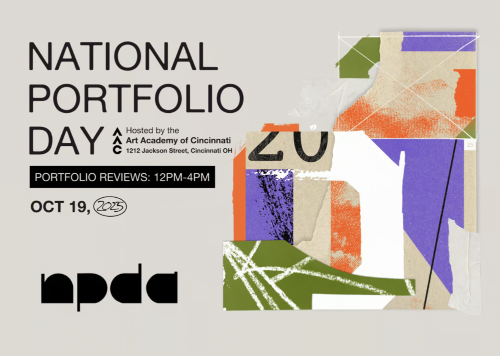 National Portfolio Day on October 19 hosted by the Art Academy of Cincinnati from 12 Noon to 4 PM at 1212 Jackson Street, Cincinnati, Ohio with abstract art on a gray background.