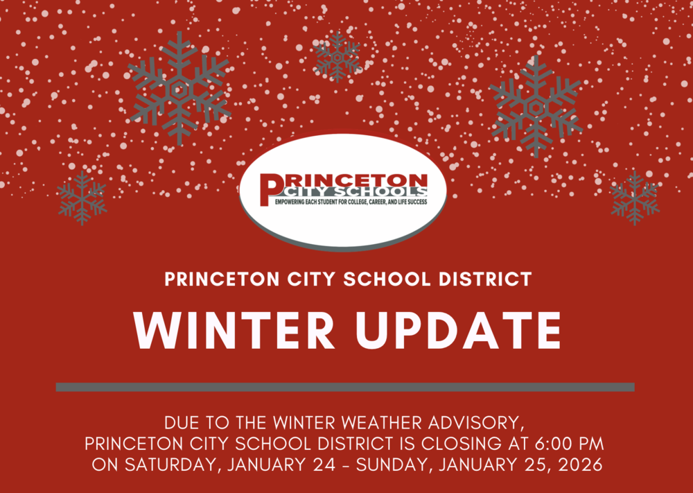 Graphic of red background with gray snowflakes , the PCSD logo, and white font: Winter Updated - PCSD closed 6 PM on Saturday, January 24-January 25