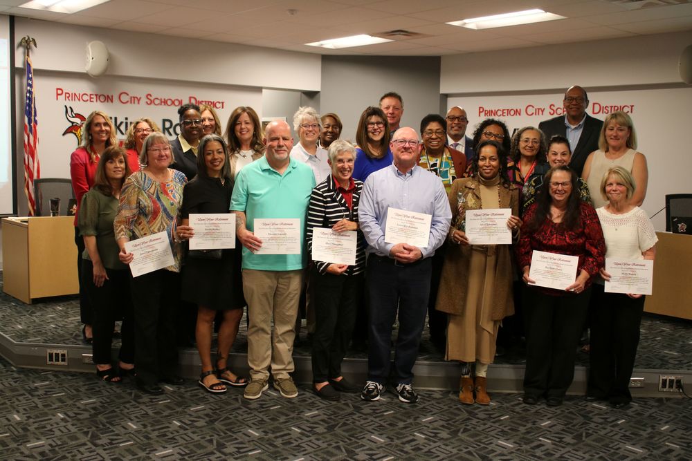 Cheryl Adams, Dawn Bailey, Lisa Benson, Lawrence Bohman, Thomas Cassidy, Steven Duke, Elizabeth Ecker, Barbara Evers, Melinda Fluker, Leroy Foster, Ann Renee Greavu, Dr. Deborah Jackson, Dawn Kosek-Gordon, Janet Lanzarotta, James O'Connor, Kelli Perrin, Michele Ritzie, Jennifer Ryan, Stephanie Schlagheck, Elizabeth Scholles, Terry Schriefer, Cheryl Slate, Mary Slaughter, Alice Sylvester, Mary Walsh, and Janet Wells being honored by the Princeton Board of Education on their upcoming retirements