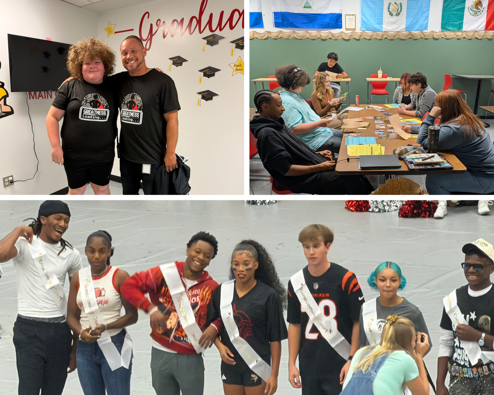 A photo collage of three images: the principal posing with a smiling student, teachers and students collaborating on a murder mystery activity, and an Innovation Center student on the Homecoming Court standing with fellow court members.