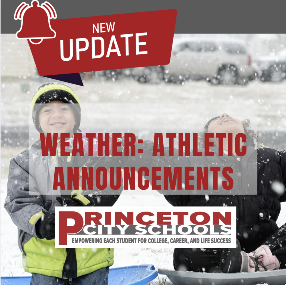 Weather: Athletic Announcements with background photo of two kids having fun on sleds