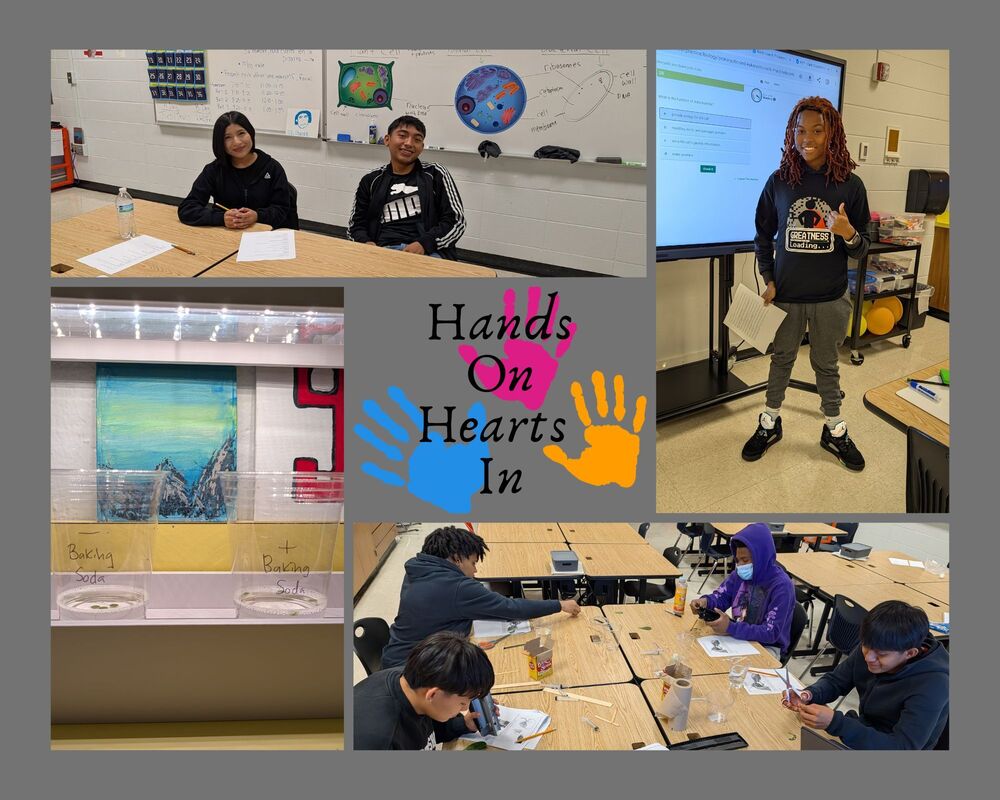 A four-panel photo collage including: Four students working collaboratively on a lab. Two students engaged in a Rally Coach activity. Close-up of a biology lab setup under bright lights. A student wearing a custom-made Innovation Center t-shirt.