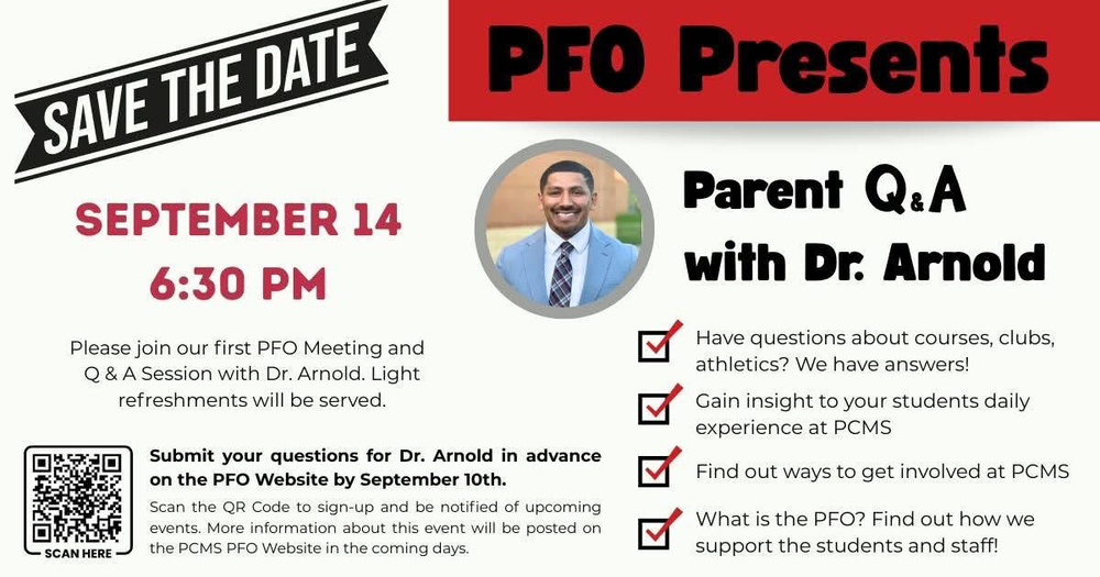 Flyer with information regarding a Save the Date for a PFO Presents Parent Question and Answer session with Dr. Tyler Arnold. There is also a QR code to sign up for the events and for more information.