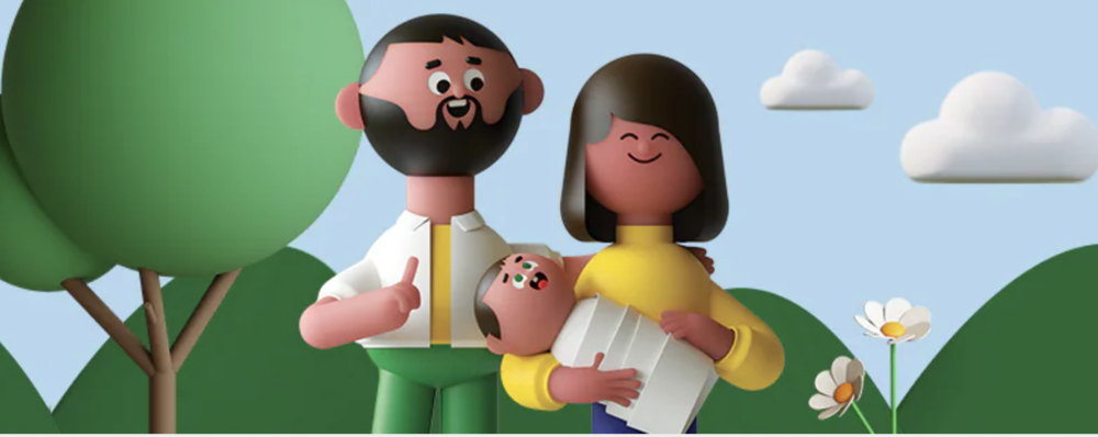 Kroger Community Rewards - Kroger cartoon characters depicting a man, woman and baby with hills of green grass, one tree, two white clouds in a light blue sky and two daisies.