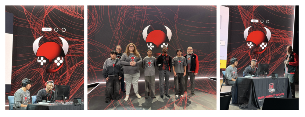 three photos of the Cyber Vikes e Sports team members at the competition