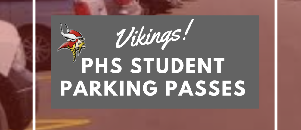 Student parking pass graphic with gray text box and red square background shaded over a parking lot photo.