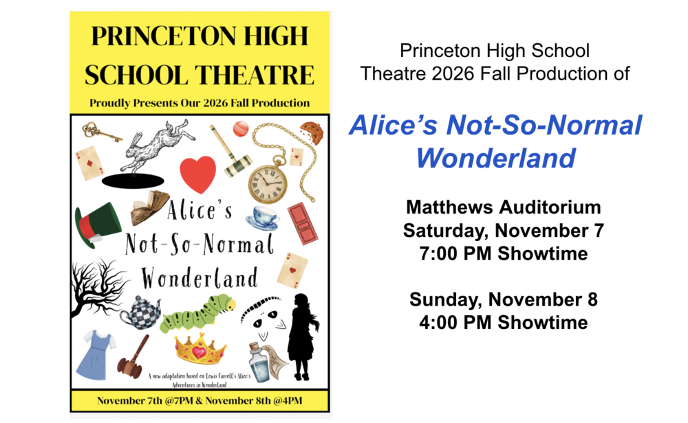 Poster for Princeton High School's production of Alice's Not-So-Normal Wonderland, happening Friday, November 6th and Saturday, November 7th at 7 P.M. at Matthews Auditorium, 150 Viking Way, Cincinnati, Ohio 45246.