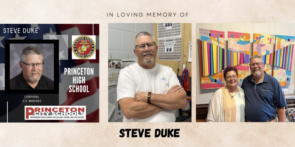 In Loving Memory of Steve Duke - Three Photos of him, Marines, last day of school, and with his wife