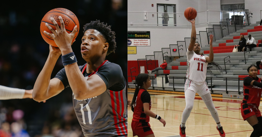 Side-by-side photos of Princeton Boys Basketball Player A'mire Gill on the left and Girls Basketball Player Erin Thomas on the right. Both are action shots of them shooting the ball.