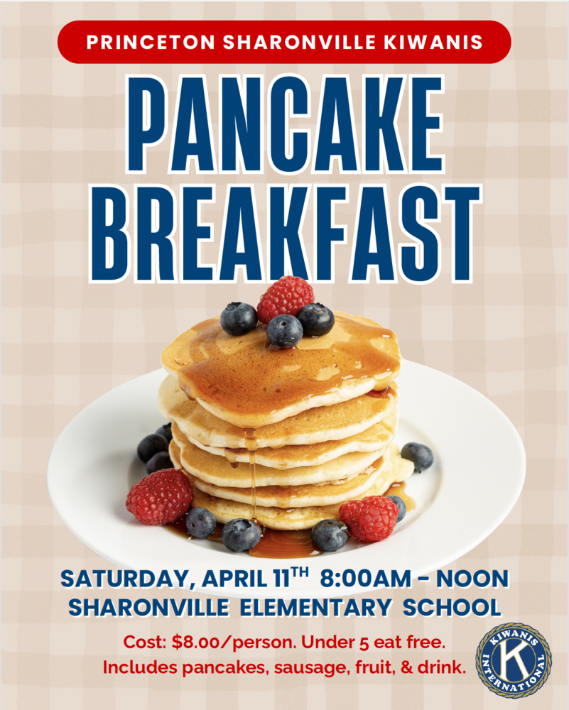 Pancake Breakfast Flyer with the Princeton Sharonville Kiwanis, with a stack of pancakes, berries, and syrup on a white plate