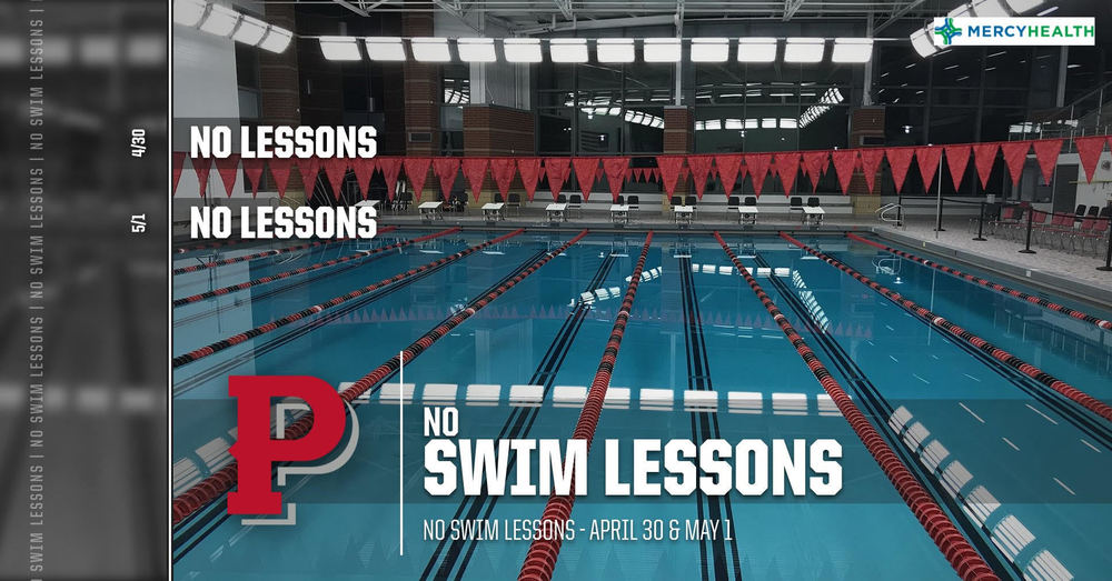 NO SWIM LESSONS, graphic text with photo of pool