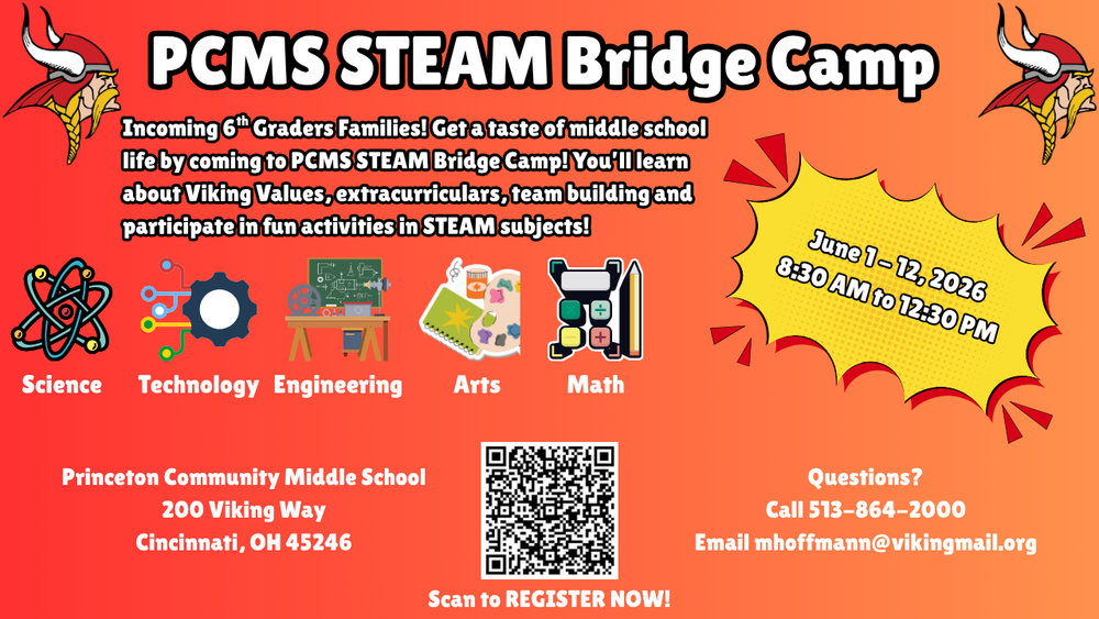 This is a day camp for incoming middle school students. It is a great way to make friends, learn the hallways, and meet some of the teachers students will have at PCMS. This is a free program for all 5th graders who will be coming to PCMS in August. 