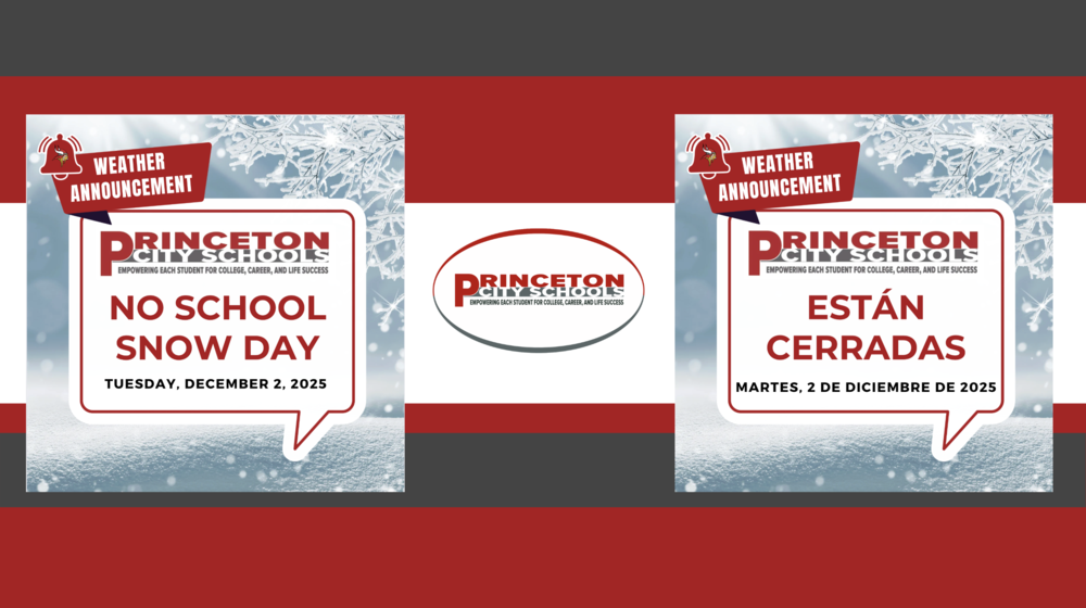 No School Snow Day Tuesday, December 2, 2025 graphics in English and Spanish