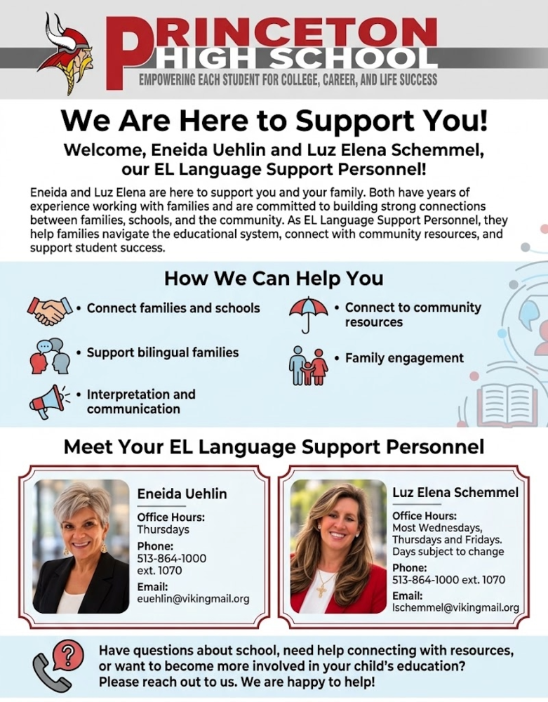 Educational flyer from Princeton High School introducing EL Language Support Personnel Eneida Uehlin and Luz Elena Schemmel with their headshots.